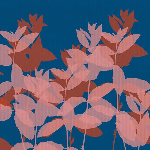 Moderne minimalistische botanische kunst. Roze en terra bladeren op blauw