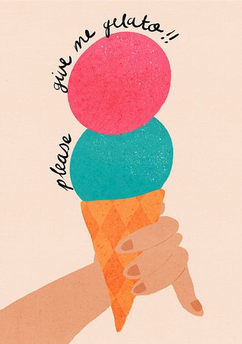 Please Give Me Gelato Ice Cream Typografie Poster Aardbei en Bubblegum