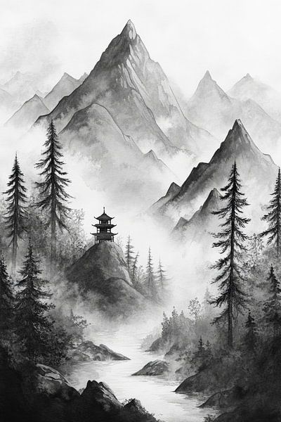 Mountain landscape in black and white by Poster Art Shop