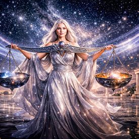 Het sterrenbeeld Weegschaal met de hemelse maagd die de weegschaal vasthoudt van ArtMomente