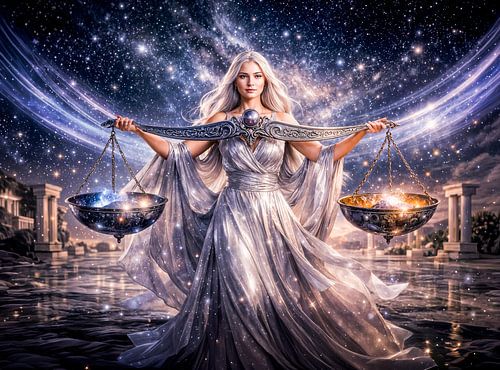 Het sterrenbeeld Weegschaal met de hemelse maagd die de weegschaal vasthoudt