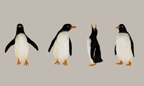 Quatre pingouins à la suite – Illustration à l'aquarelle
