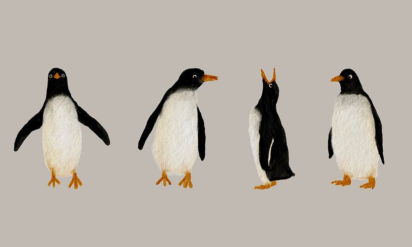 Vier Pinguine in einer Reihe – Aquarellillustration von Atelier Nadine