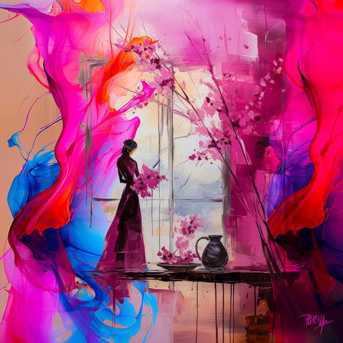 abstract, modern japans portret met magenta en pop of colour