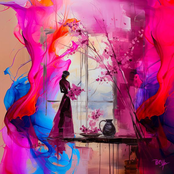 abstract, modern japanese portrait with magenta and pop of colour by René van den Berg