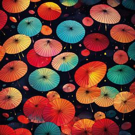 Illustration von bunten japanischen Regenschirmen auf Schwarz von Patricia Hofmeester