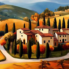 Colourful landscape Tuscany in autumn, naive art by Jan Bechtum