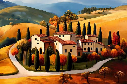 Kleurig landschap Toscane in de herfst, naïeve kunst van Jan Bechtum
