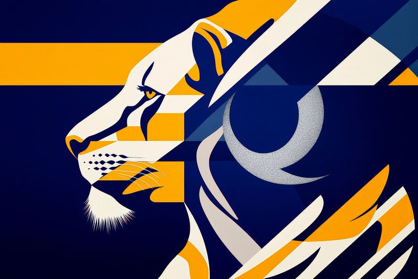 Geometric lion's head in blue and yellow by Poster Art Shop