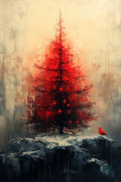 Winter Tranquillity - Red Tree and Bird in Silence by Eva Lee