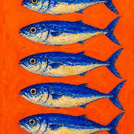 Des poissons bleus sur un fond orange sur But First Framing