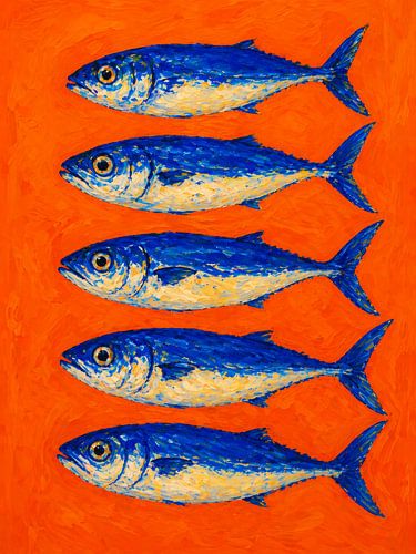 Blaue Fische auf orangefarbenem Kunststoff