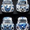 Collage von vier verschiedenen VW-Käfer-Autos mit Delfter Blau-Karosserie von Margriet Hulsker