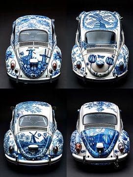 Collage of four different VW beetle car's with Delft blue body by Margriet Hulsker