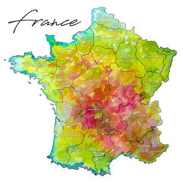 Frankrijk | Kleurrijke landkaart met Provincienamen van WereldkaartenShop