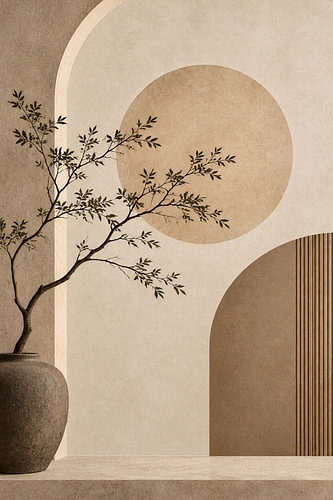 Japandi kunst met sierlijke boom en geometrische bogen