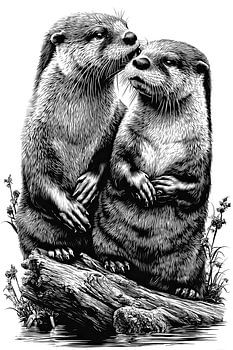 Dessin au trait vintage détaillé représentant un couple de loutres