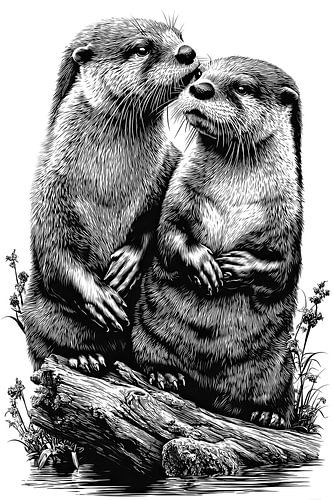 Otter Couple Detailed Vintage Line Art