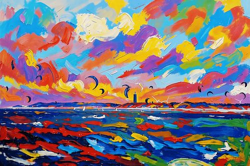 'The Colourful Gust of Wind': an abstract modern painting of kitesurfers at the Brouwersdam