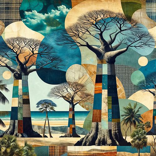 Collage baobab bomen op fantasiestrand met fantasiewolken