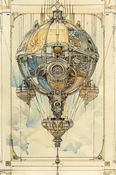 Tekening, Luchtballon -6 van Peter Pen Tekeningen en Aquarel schilderijen