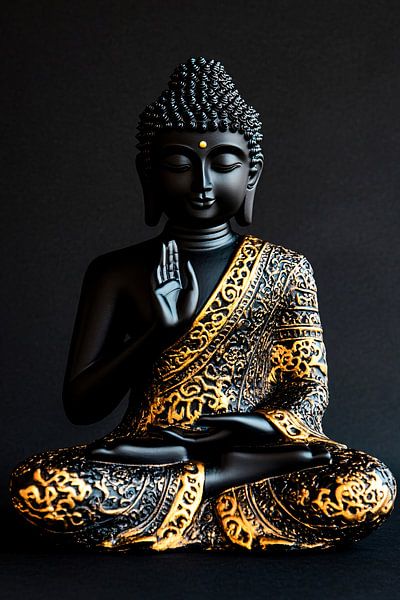 Goldene Buddha-Statue auf dunklem Hintergrund von Art & Soul Creations