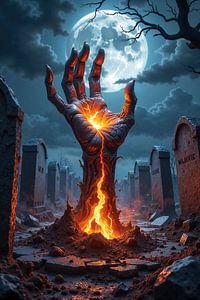 Dark Fantasy Wandbild: NECROS - Die auferstehende Hand des Zombies aus dem Grab