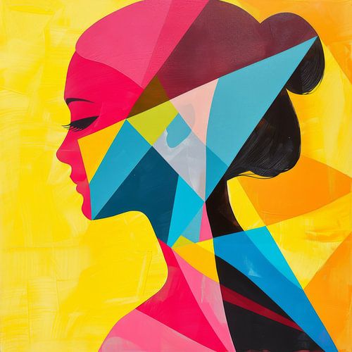 Abstract portret van een vrouw in kleurrijke geometrische vormen
