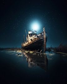 Stranded boat at night