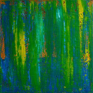 Abstract painting, landscape, green, blue, yellow and orange