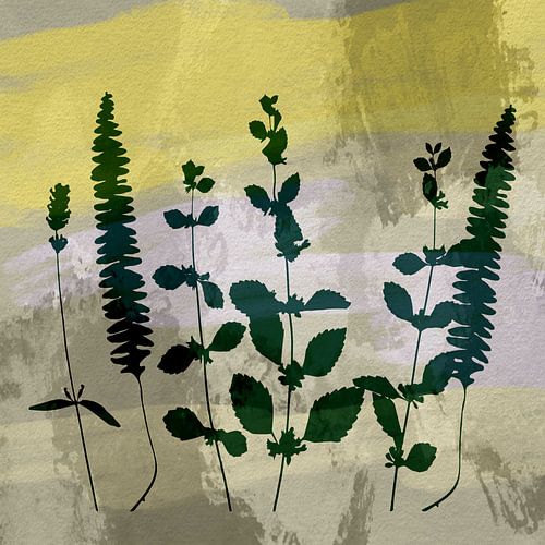 Bladeren en planten op pastel. Botanisch in retrostijl op geel, beige, roze