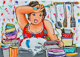 Chubby Lady Doing the Dishes by Vrolijk Schilderij