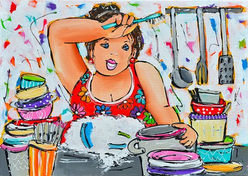 Chubby Lady Doing the Dishes by Vrolijk Schilderij