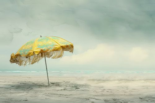 Traumstrand in Pastell - Gelber Sonnenschirm am Meer von BowiScapes Abstrakt und digitale Kunst