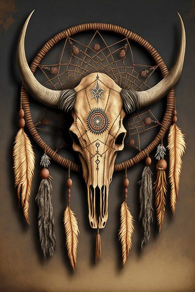 The mystical appeal of a bull skull and dreamcatcher by Vlindertuin Art