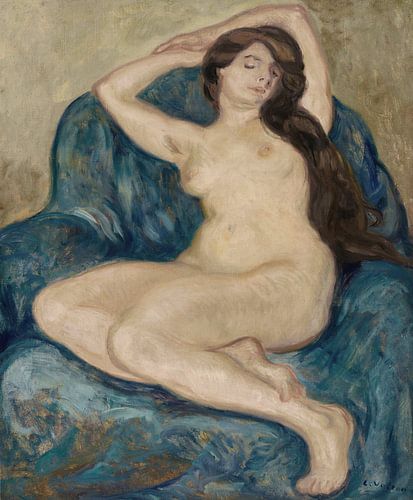 Portret naakte vrouw in blauwe fauteuil