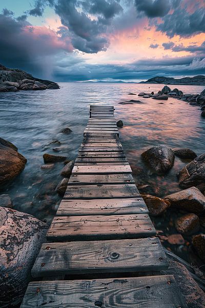 Old wooden jetty leads to calm sea at sunset by Art & Soul Creations