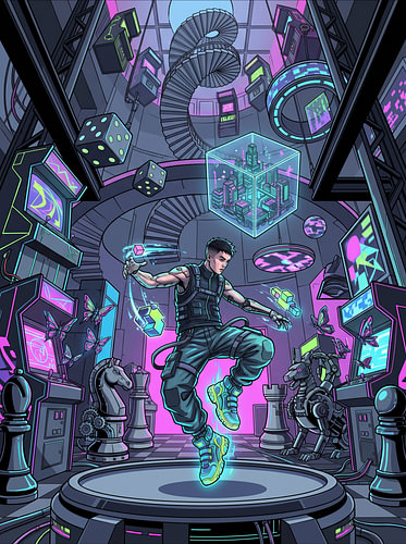Cyberpunk, gamer, speelhal, virtual reality, Matrix, sciencefiction, grafische illustratie