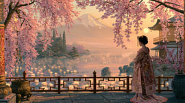 Geisha in Japan bei Sonnenuntergang über dem Fuji von Egon Zitter