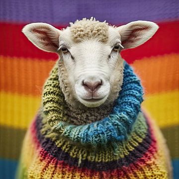 Joyeux manteau : le portrait d'un mouton arc-en-ciel sur Vlindertuin Art