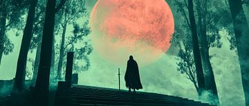 Mystieke figuur onder een rode maan van Poster Art Shop