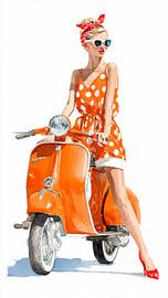 Frau neben orangefarbenem Roller von Digital Picture Art