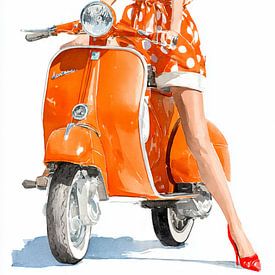 Femme à côté d'un scooter orange sur Digital Picture Art