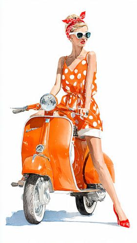 Woman next to orange scooter