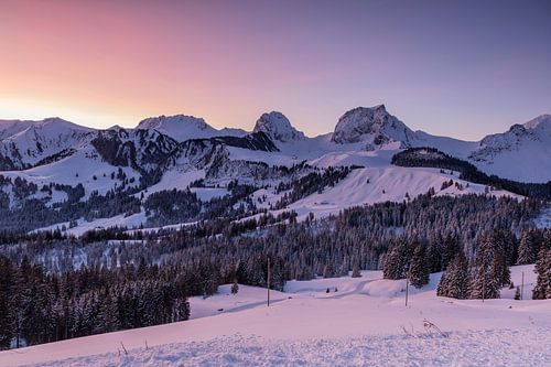 Sonnenaufgang im Gantrisch Naturpark im verschneiten Winter