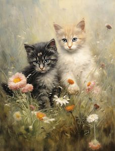 Chatons enjoués dans un pré fleuri