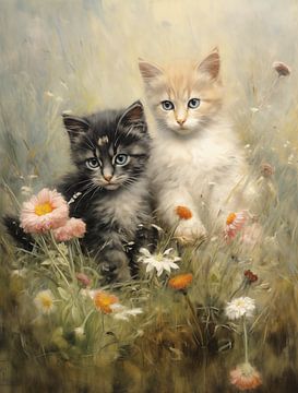 Playful Kittens in Flower Meadow by Emil Husstege
