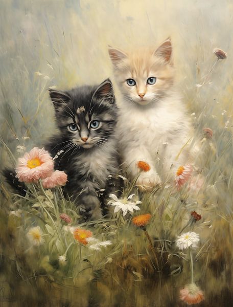 Playful Kittens in Flower Meadow by Emil Husstege