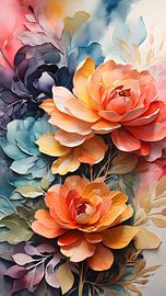 Vibrant and artistic illustration featuring a bouquet of large, detailed flowers by Ljupka Kareska