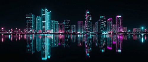 Futuristic neon city skyline reflecting in calm water by Transmutation Art